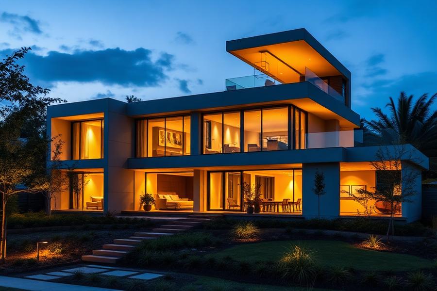 Casa moderna iluminada ao entardecer