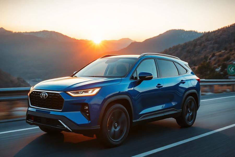 SUV azul em estrada de montanha ao amanhecer